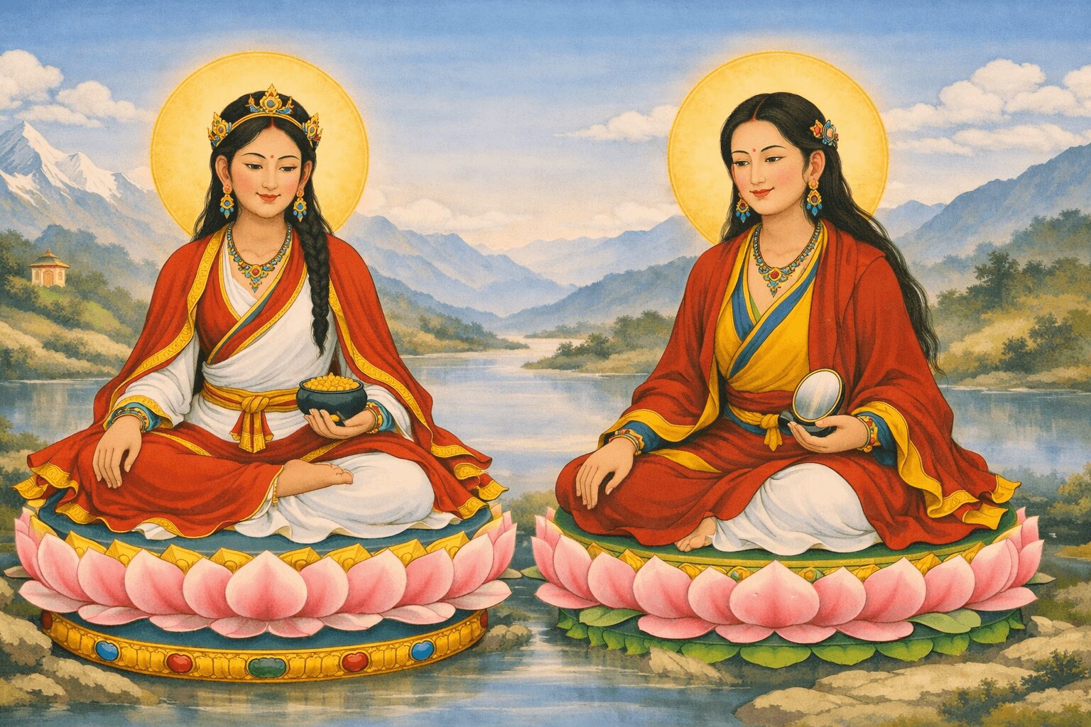Dakmema and Nyangtsa Kargyen as ḍākinī-like figures. AI-generated representation.